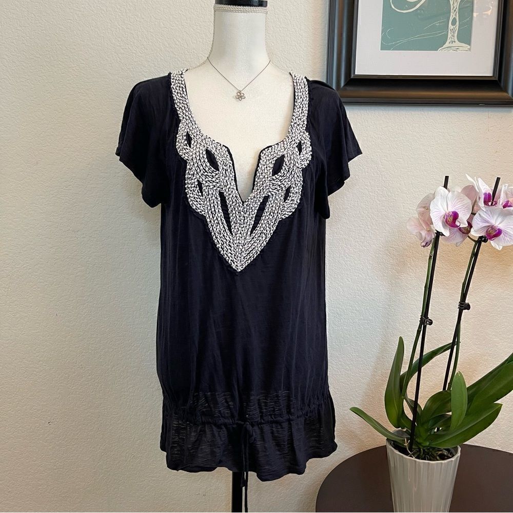 🍋 Banana Republic • Women’s Dark Blue Boho Blouse w/Embroidery & Beads Size M